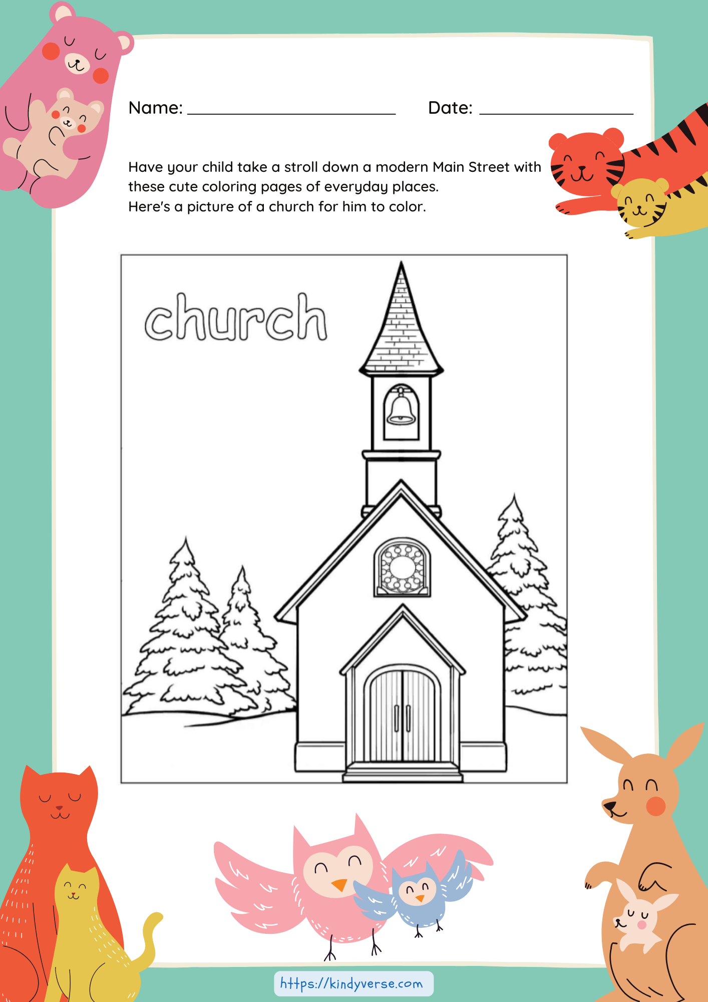 Church Coloring Page Worksheet - KindyVerse Kids