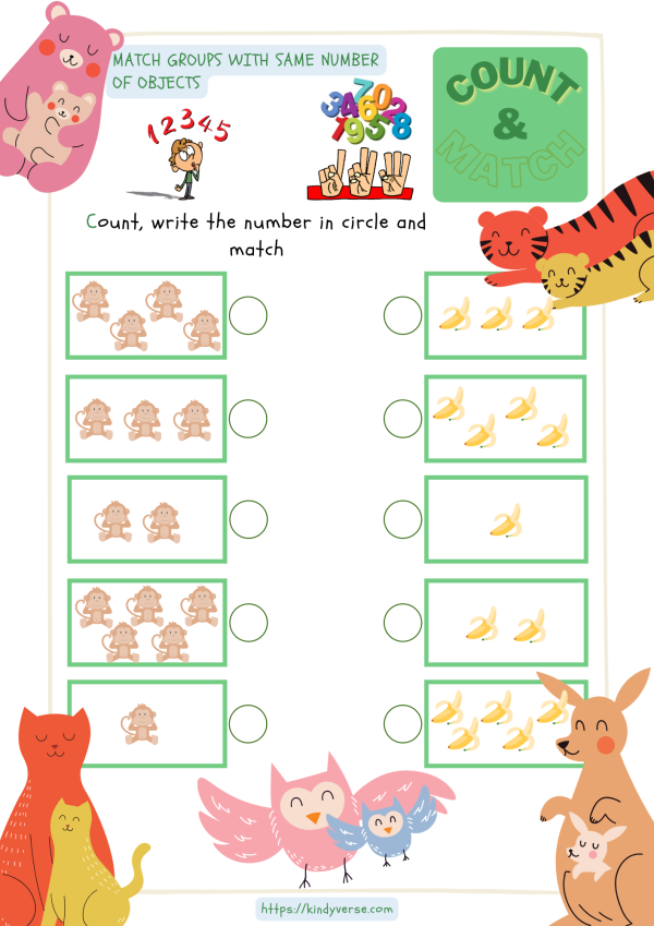 Match-Groups-with-Same-Number-of-Objects Worksheet - KindyVerse Kids