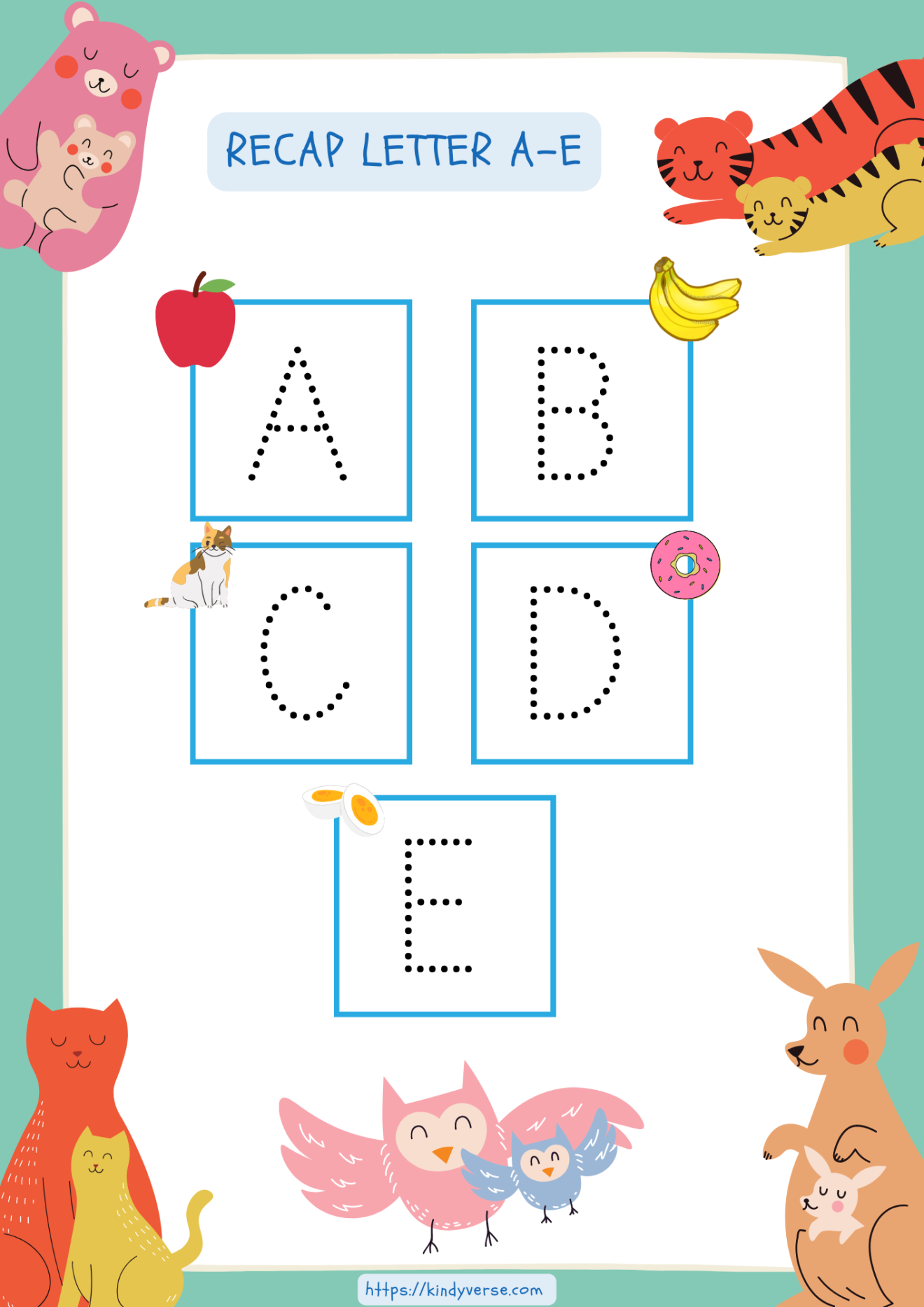 RECAP LETTER A-E Worksheet - KindyVerse Kids